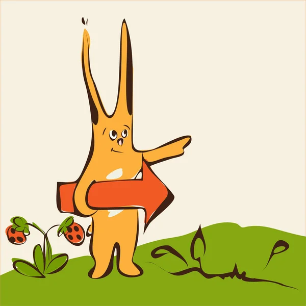 Desenhos animados coelho bonito na grama com seta — Vetor de Stock