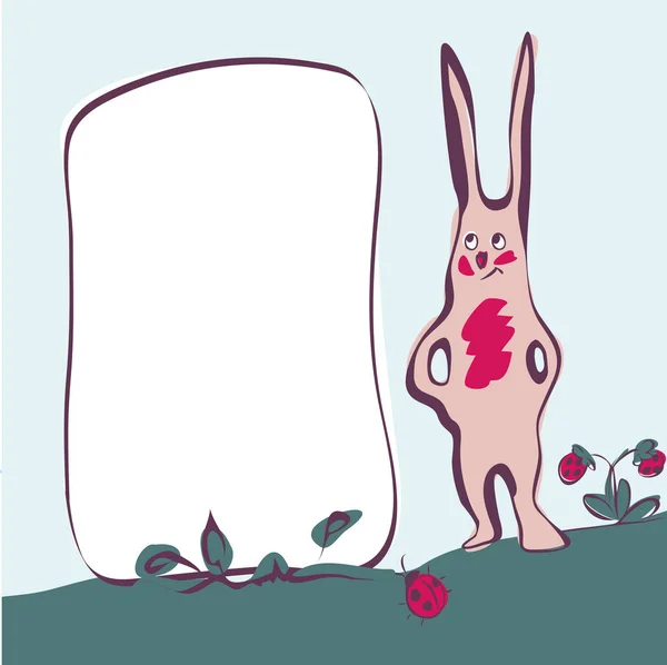 Desenhos animados coelho bonito na grama com bandeira — Vetor de Stock