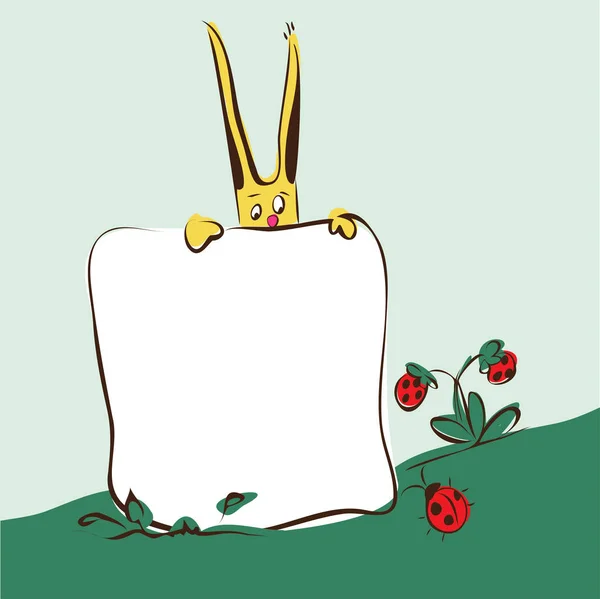Desenhos animados coelho bonito na grama com bandeira — Vetor de Stock