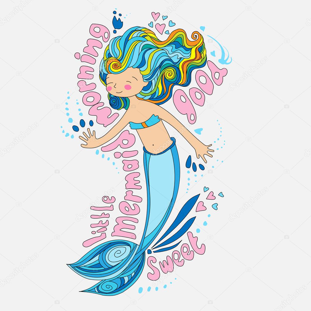 Little maimaid illustration. Card with morning lettering and vector hand draw cute mermaid