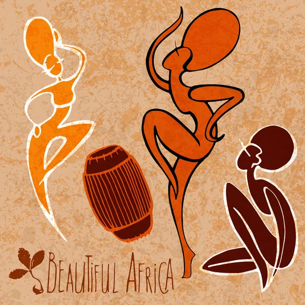 Mujer africana bailando con tambor, ilustración estilizada — Vector de stock
