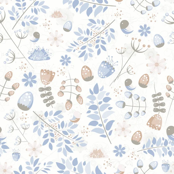 Patrón ligero y fresco sin costuras con pájaros, hojas, flores — Archivo Imágenes Vectoriales