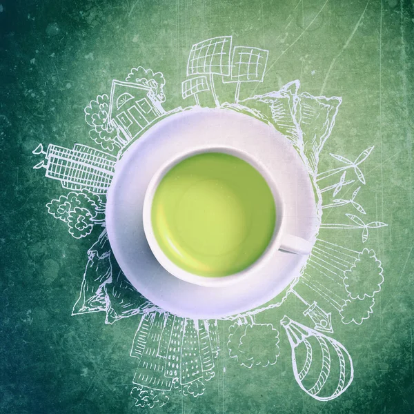 Зелений чай з круглими екологічними каракулями. Елементи ескізу з чашкою зеленого чаю — стокове фото