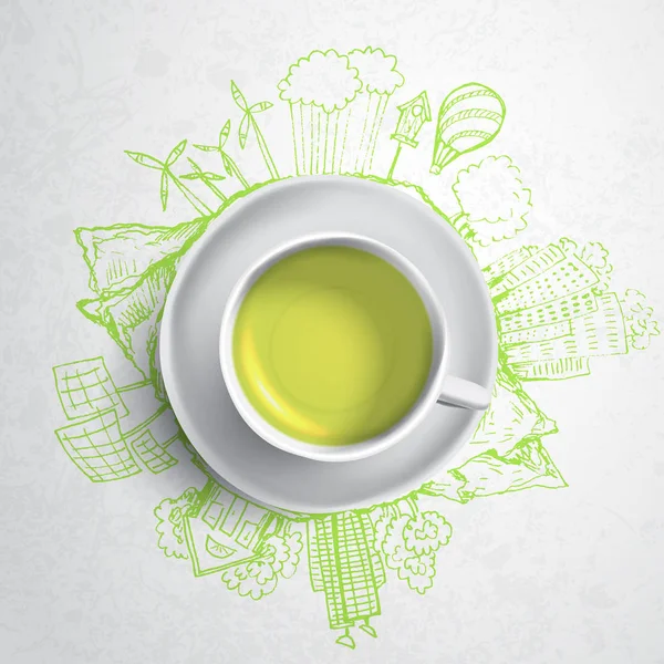 Зелений чай з круглими екологічними каракулями. Елементи ескізу з чашкою зеленого чаю, Векторні ілюстрації — стоковий вектор