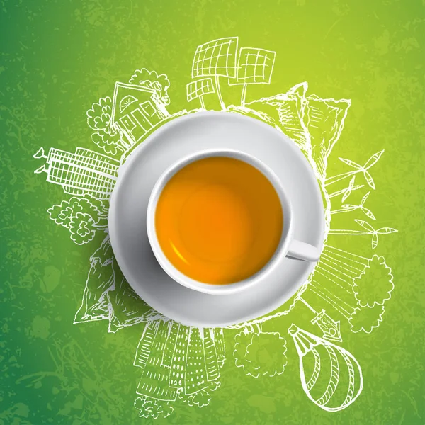 Fekete tea, kör ökológia doodles. Felvázolt eco elemek csésze zöld tea, vektoros illusztráció — Stock Vector