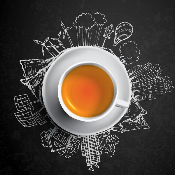 Чорний чай з круглими екологічними каракулями. Елементи ескізу з чашкою зеленого чаю, Векторні ілюстрації — стоковий вектор