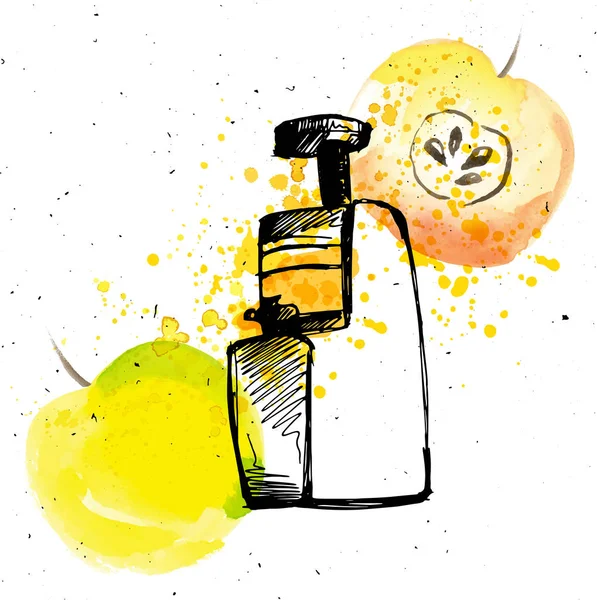 Juicer com maçã. Sumo de maçã com espremedor e salpicos, esboço mão desenhar ilustração com elementos aquarela —  Vetores de Stock