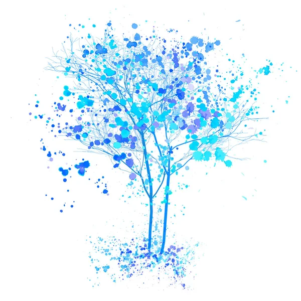 Árbol acuarela invierno. Árboles azules con salpicaduras e ilustración dibujada con tinta. Concepto árbol de invierno — Vector de stock