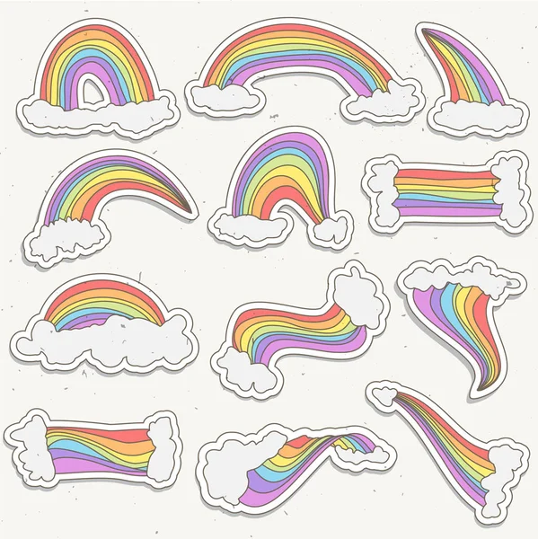 Cute tęczy naklejki wektor zestaw. Rainbow ilustracja kreskówka naklejki z chmury na niebie. Rękę wyciągnąć naklejek rainbow i chmury — Wektor stockowy