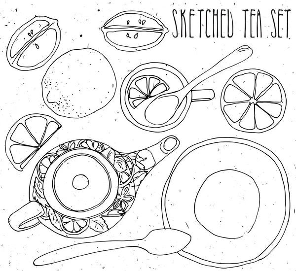 Conjunto de desenho de mão de chá bule, xícara e colher com limões, limas. Coleção isolada sobre fundo branco —  Vetores de Stock