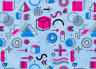 Geometrik memphis desen moda ve duvar kağıdı. Evrensel renkli dekoratif geometrik formlar kirli eski arka plan üzerinde