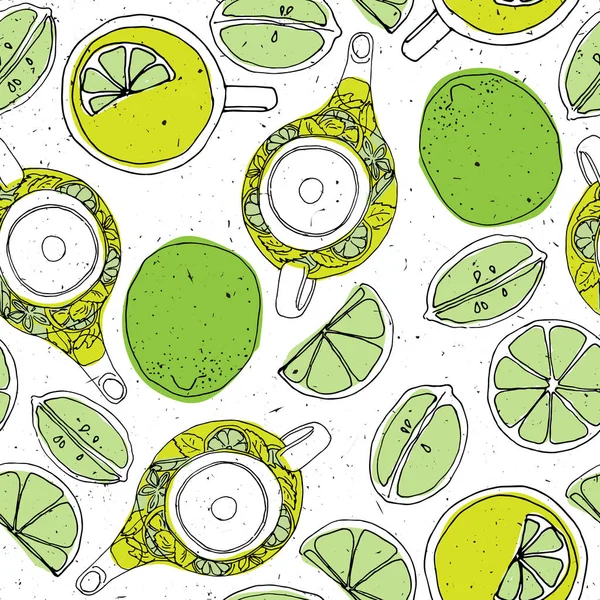 Tea hand draw seamless pattern with teapot, lemons and cup. Sketched textured background.