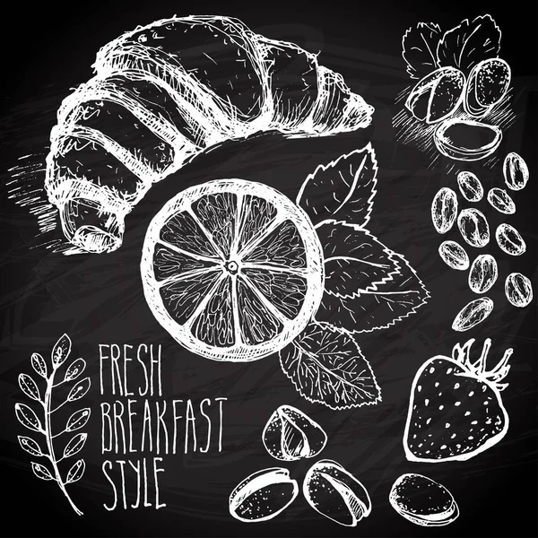 Boceto desayuno sin costuras fondo con croissant, limón y bayas. Dibujado en pizarra negra con tiza . — Archivo Imágenes Vectoriales