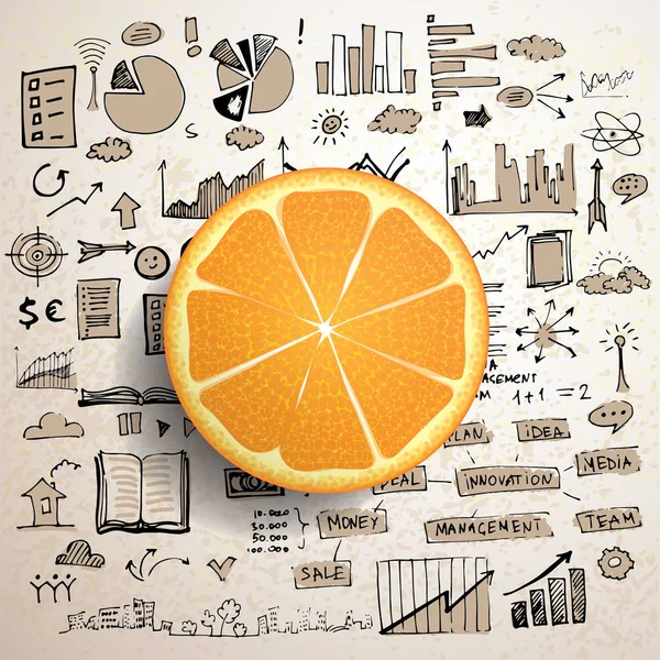 Doodle bedrijfsconcept met fris oranje en getekende doodle elementen op de achtergrond — Stockvector