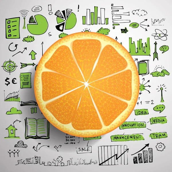 Conceito de doodle de negócios com laranja fresca e elementos de doodle esboçado no fundo —  Vetores de Stock