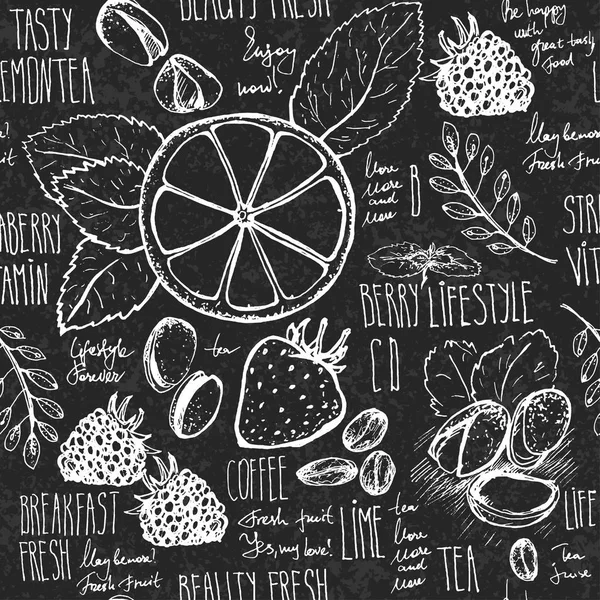 Начерк сніданку безшовний фон з круасанами, лимоном та ягодами. Малюнок на чорній дошці з крейдою . — стоковий вектор