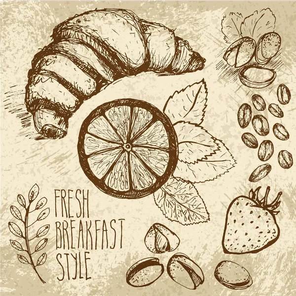 Colazione schizzata sfondo senza soluzione di continuità con croissant, limone e bacche. Disegnato su vecchia carta marrone con texture . — Vettoriale Stock