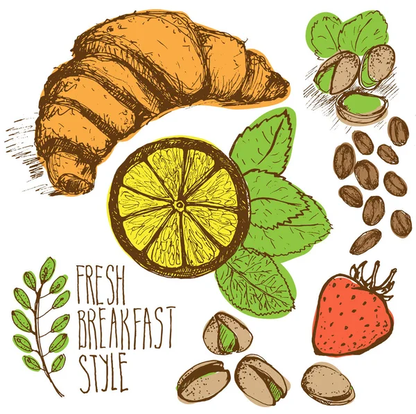 Sketched breakfast seamless background with croissant, lemon and berries. Drawned on white paper. — Stock Vector