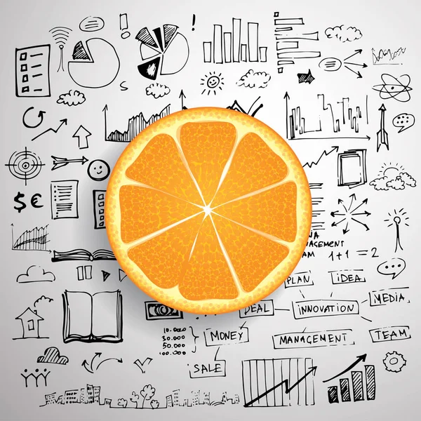 Conceito de doodle de negócios com laranja fresca e elementos de doodle esboçado no fundo — Vetor de Stock