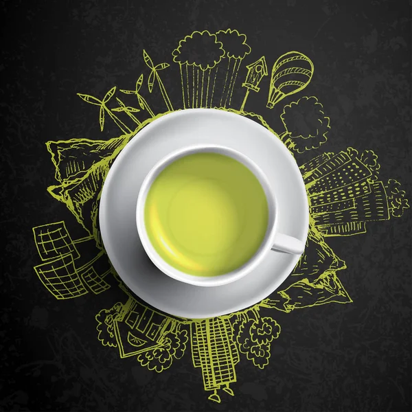 グリーン ティー サークル エコロジー落書き。緑茶のコップを持つスケッチ環境要素 — ストック写真