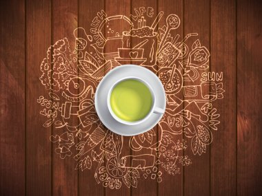 Realistic cup of green tea with circle doodles. Sketched green tea healthy elements, natural products and objects related to green tea, vector hand draw illustration. clipart