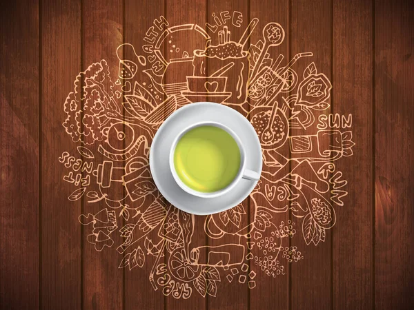 Tasse réaliste de thé vert avec des gribouillis cercle. Thé vert esquissé éléments sains, produits naturels et objets liés au thé vert, dessin vectoriel à la main illustration . — Image vectorielle