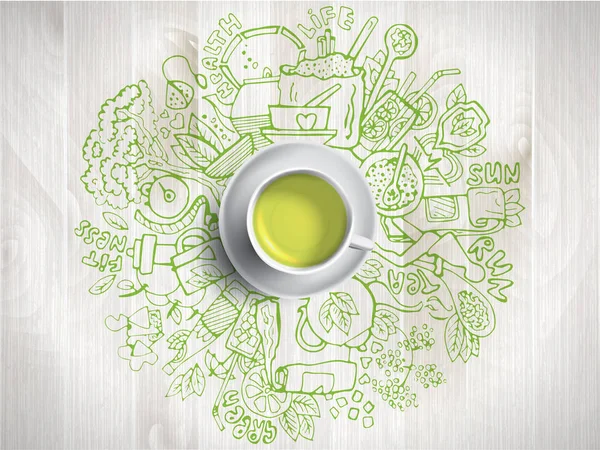 Реалістична чашка зеленого чаю з круглими каракулями. Начерк зеленого чаю здорові елементи, натуральні продукти та предмети, пов'язані з зеленим чаєм, Векторна ілюстрація малюнка рук . — стоковий вектор