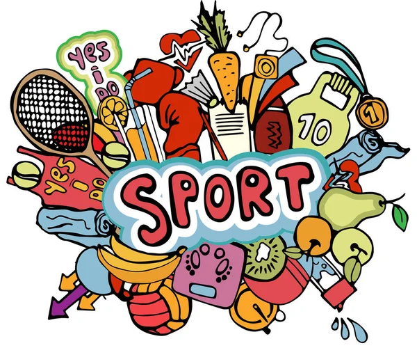 Spor ele afiş için bir kompozisyon simgesi ve öğeleri çekin. Fitness ve spor spor simgeleri afiş koleksiyonu, karikatür doodle renkli.