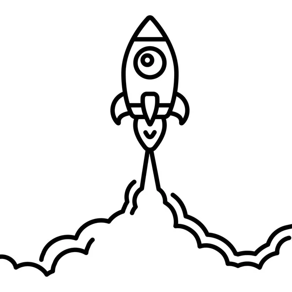 Icona minimalista della linea di lancio razzo. Illustrazione razzo con nuvole, spazio e fuoco di lancio, line art . — Vettoriale Stock