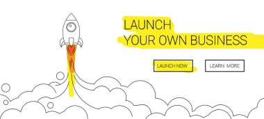 Minimalist Roket fırlatma satırı simgesi. Roket illüstrasyon bulutlar, alan ve denize indirmek ateş, Hat sanatı ile.