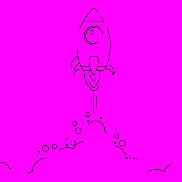 Icono minimalista de línea de lanzamiento de cohetes. Ilustración de cohetes con nubes, espacio y fuego de lanzamiento, line art . — Vector de stock