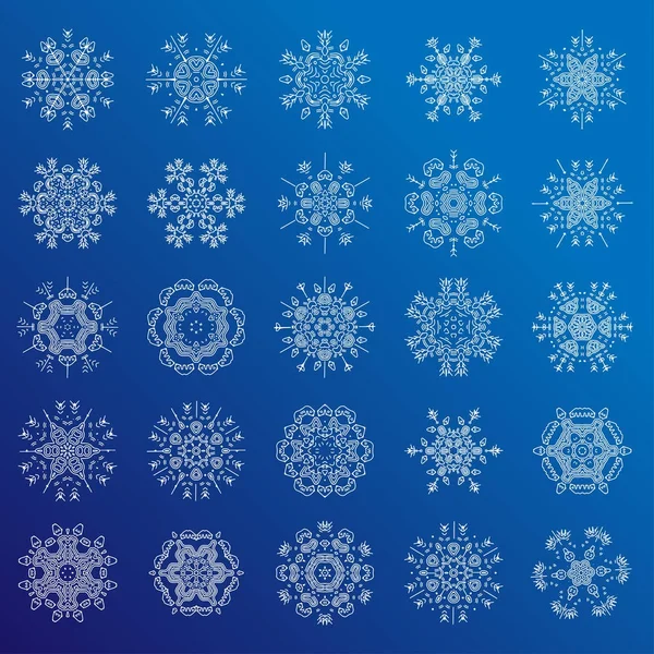 Satz minimalistischer Linie geometrische Schneeflocken, Vektorillustration. Schneeflocken-Kollektion - gefütterte dekorative Flocken, moderne Ikone. Weihnachten Schneeflocken Design, Linie und geometrische — Stockvektor