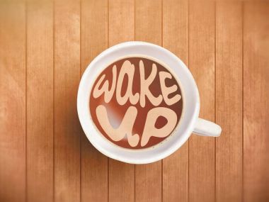 Kahve fincanı ile yazı, motivasyon tırnak kirlenmiş, zaman, doğru zamanı hakkında zaman. Motivasyon ile kahverengi ahşap zemin üzerinde gerçekçi sade kahve. Sabah kahvesi