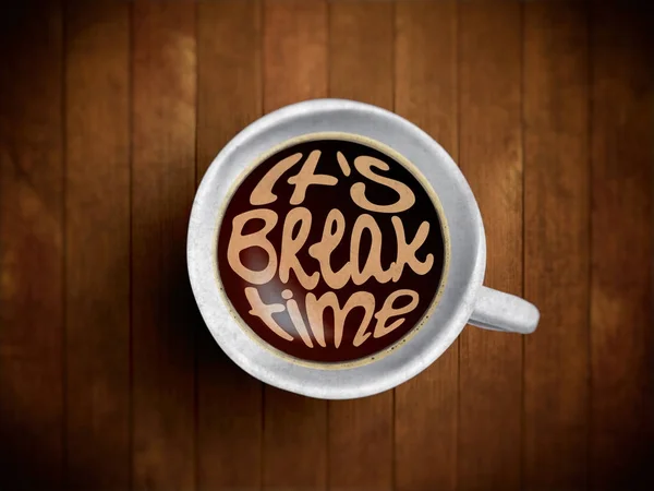 Coffee cup with time lettering, motivation quotes about time, awaking, right moment. Realistic black coffee on brown wooden background with motivation. Morning coffee