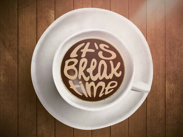 レタリング、動機引用時間、覚醒タイミングについて時間とコーヒー カップ。動機を持つ茶色の木製の背景に現実的なブラック コーヒー。朝のコーヒー — ストック写真