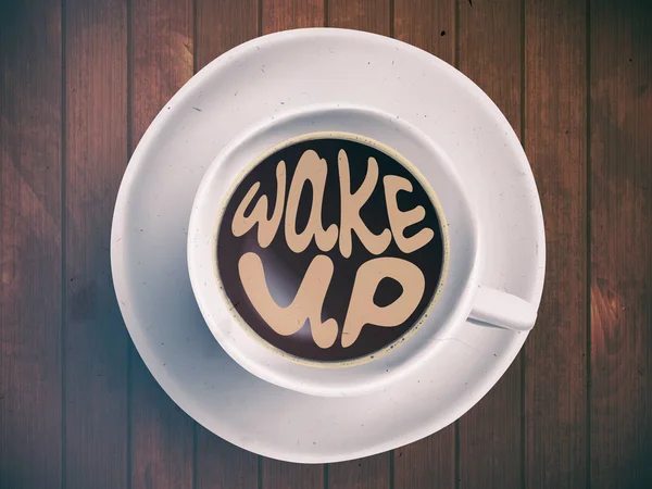 Tasse à café avec lettrage du temps, citations de motivation sur le temps, réveil, bon moment. Café noir réaliste sur fond brun en bois avec motivation. Café du matin — Photo