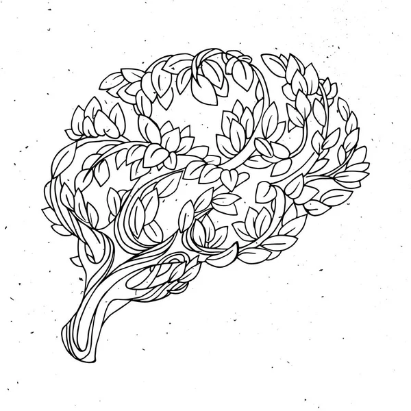 健康な脳ベクトルの概念図。ツリーと葉は脳の形。手描光テクスチャに helthy 概念脳図 — ストックベクタ