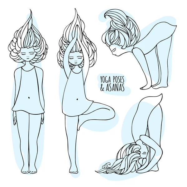 Conjunto de poses de ioga com menina bonito. poses de ioga e asanas em estilo desenhado à mão. Mulher fazendo exercícios de ioga. Yoga e relaxamento, ilustração do vetor doodle. Yoga mulher poses . —  Vetores de Stock