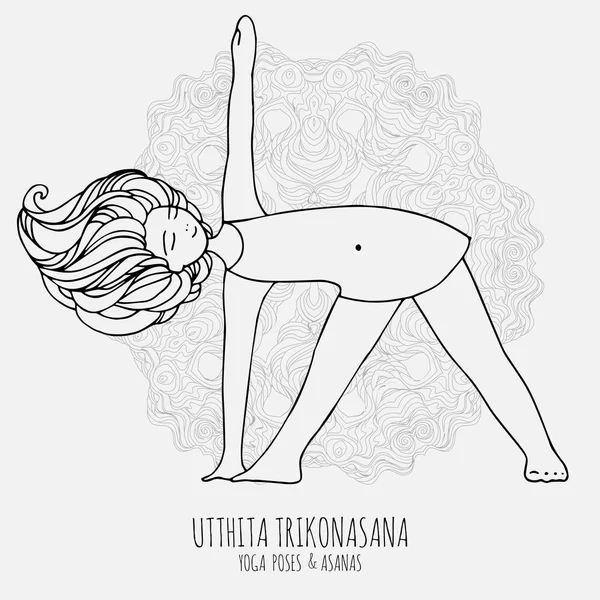 Linda chica haciendo yoga. Posturas de yoga y asanas en estilo dibujado a mano. Mujer haciendo ejercicios de yoga. Yoga y relajación, ilustración vectorial de garabatos. Mujer Yoga posa . — Vector de stock