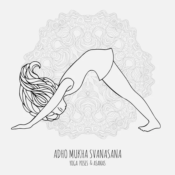 Menina bonito fazendo ioga. poses de ioga e asanas em estilo desenhado à mão. Mulher fazendo exercícios de ioga. Yoga e relaxamento, ilustração do vetor doodle. Yoga mulher poses . —  Vetores de Stock