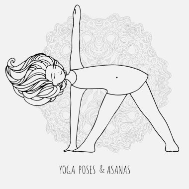 Sevimli kız Yoga yapıyor. Yoga pozlar ve asanas tarzı çizilmiş. Yoga yaparken kadın ve egzersizleri rahatla, vektör çizim doodle. Yoga kadın pozlar.