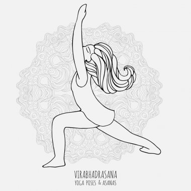 Sevimli kız Yoga yapıyor. Yoga pozlar ve asanas tarzı çizilmiş. Yoga yaparken kadın ve egzersizleri rahatla, vektör çizim doodle. Yoga kadın pozlar.