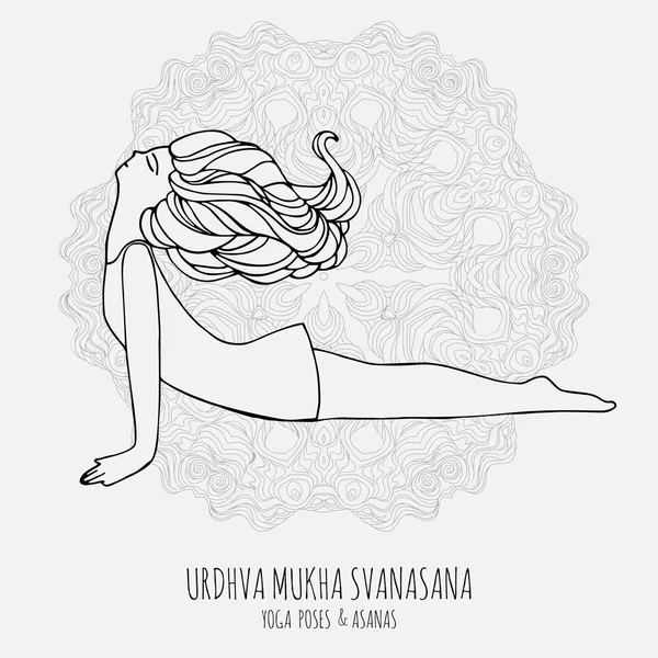 Cute girl doing yoga. Yoga poses and asanas in hand-drawn style. Woman doing yoga and relax exercises, doodle vector illustration. Yoga woman poses. — Stock Vector