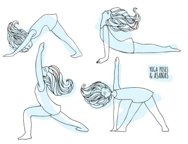 Sevimli kız ile yoga pozlar set. Pozlar ve asanas tarzı çizilmiş. Yoga yaparken kadın ve egzersizleri rahatla, vektör çizim doodle. Yoga kadın pozlar.
