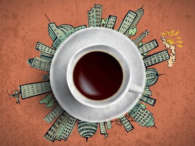 Kahve fincanı kavramı - şehir kahve kupa ile doodles.