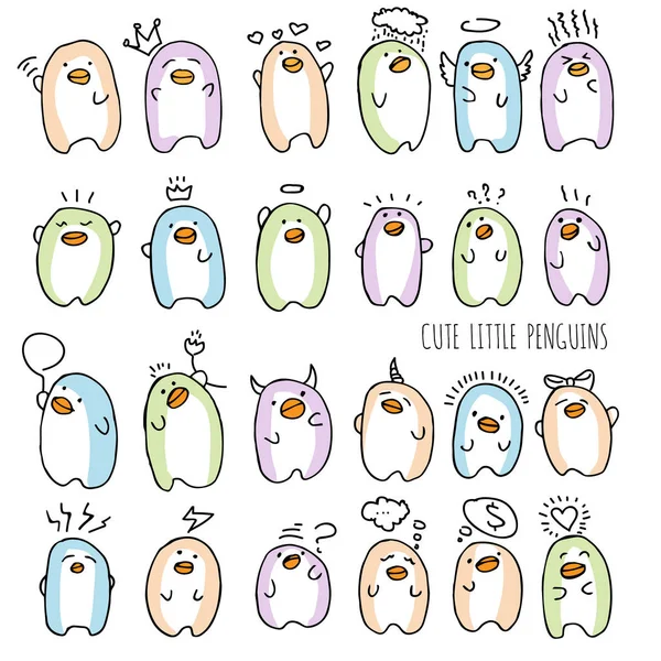 Conjunto de ilustración del vector lindo bebé pingüino. Dibuja a mano pingüinos de dibujos animados para tarjetas y carteles . — Archivo Imágenes Vectoriales