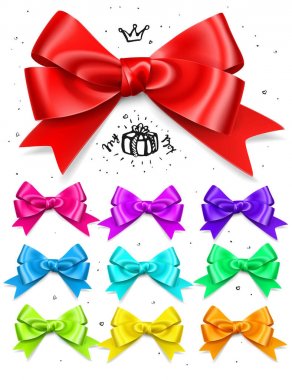 Set of colored gift bows, satin isolated glamour bows for birthday and christmas giftbox. Present design element clipart
