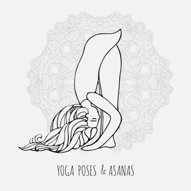 Sevimli kız Yoga pozlar ve asanas çizilmiş tarzı, yoga egzersizleri yapıyor kadın yapıyor. Yoga ve gevşeme, doodle vektör çizim