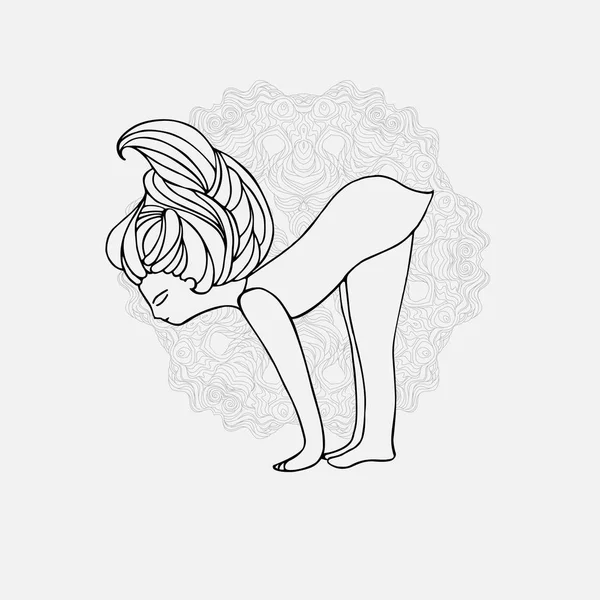 Cute girl doing yoga. Yoga poses and asanas in hand-drawn style. Woman doing yoga and relax exercises, doodle vector illustration. Yoga woman poses. — Stock Vector