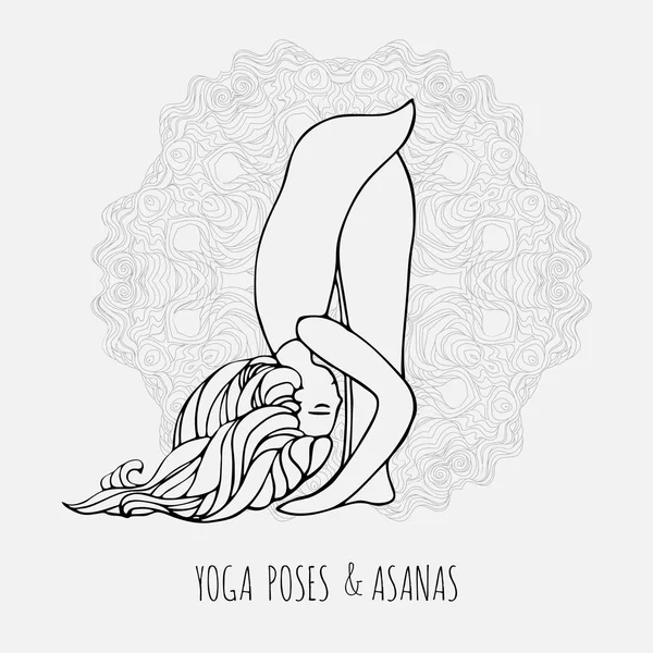 Menina bonito fazendo poses de ioga e asanas em estilo desenhado à mão, mulher fazendo exercícios de ioga. Yoga e relaxamento, ilustração do vetor doodle — Vetor de Stock